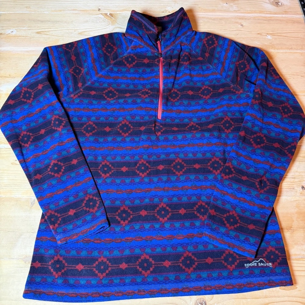 Eddie Bauer Womens M Fleece Pullover Quarter Zip Southwestern Geometric Blue Red